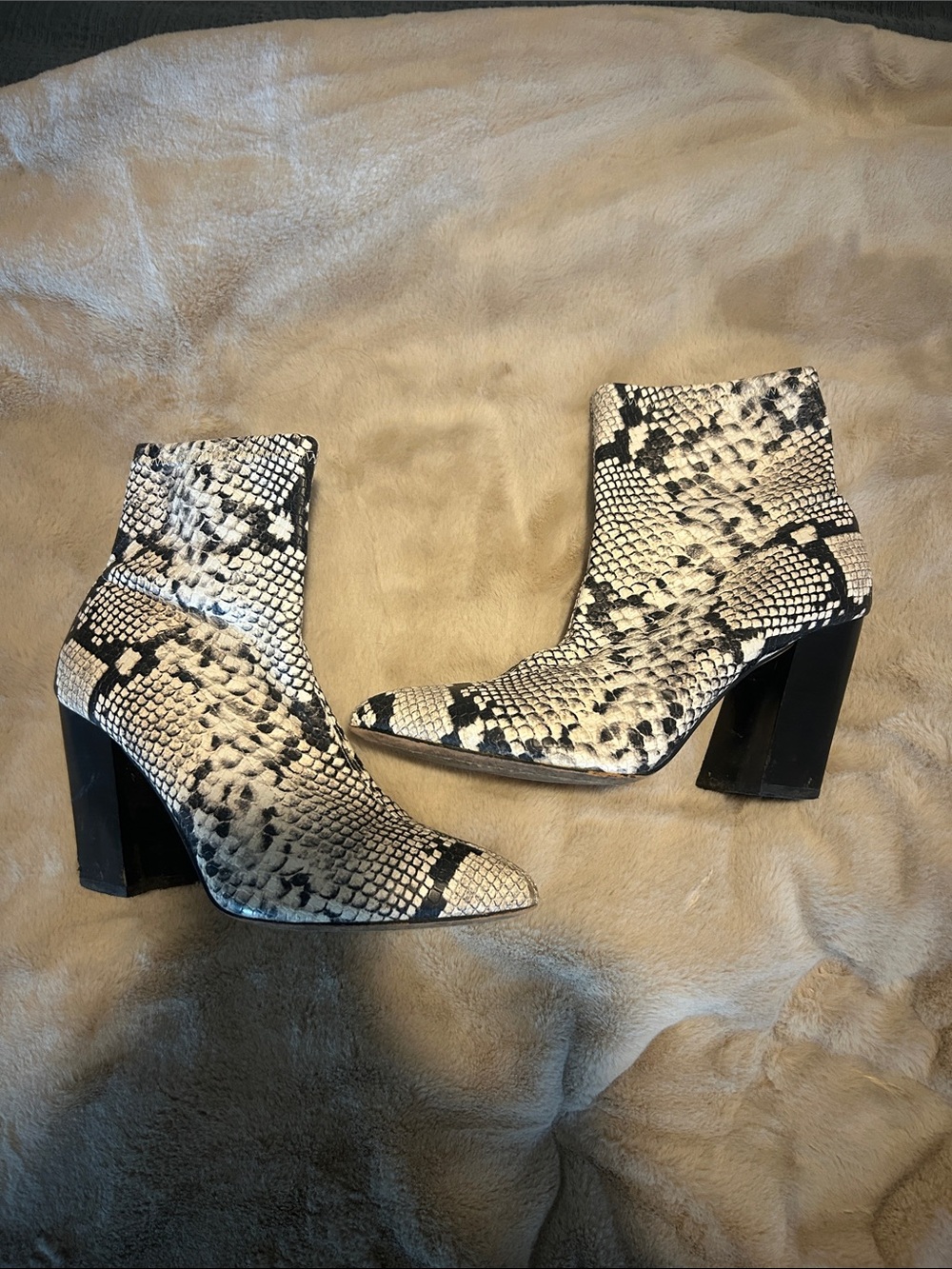 Vince Camuto Black & White Snake-Print Pointed Ankle Boots